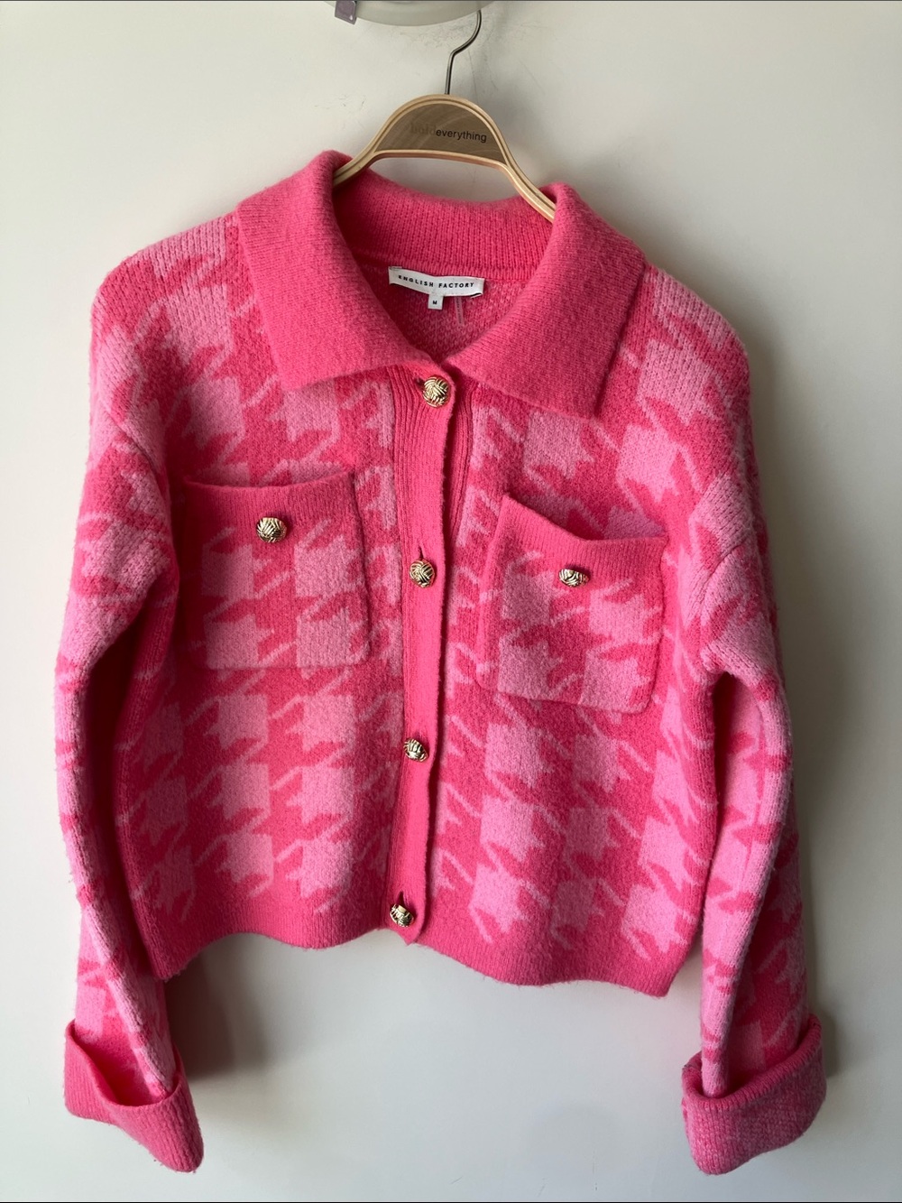 ENGLISH FACTORY Pink Houndstooth Gold Button-Front Sweater Jacket Size M NWT